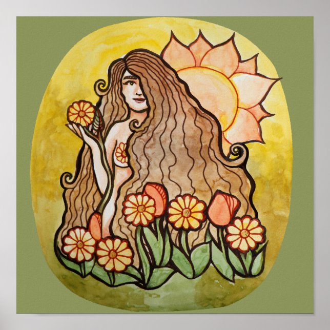 Summer Sunshine Goddess Sunflowers Gartengrün Poster (Vorne)