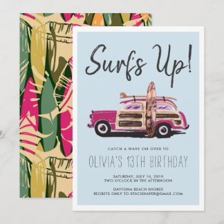 Summer Surf Party | Einladung für Vintag rosa Auto