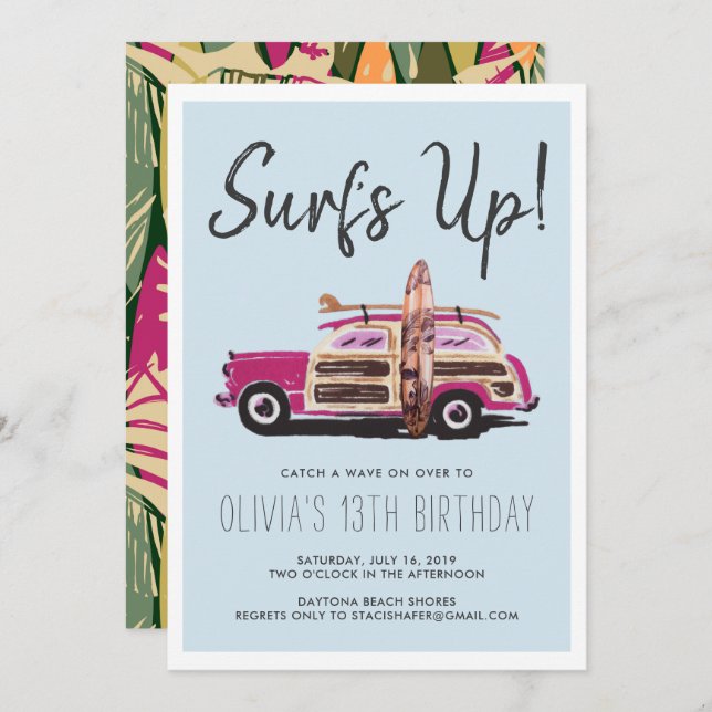 Summer Surf Party | Einladung für Vintag rosa Auto (Vorne/Hinten)