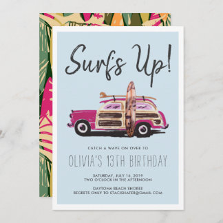Summer Surf Party | Einladung für Vintag rosa Auto