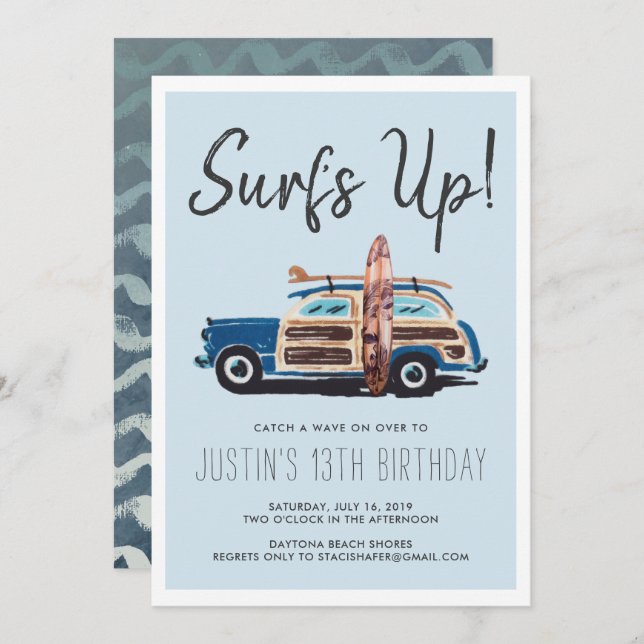 Summer Surf Party | Vintage Car Einladung (Vorne/Hinten)