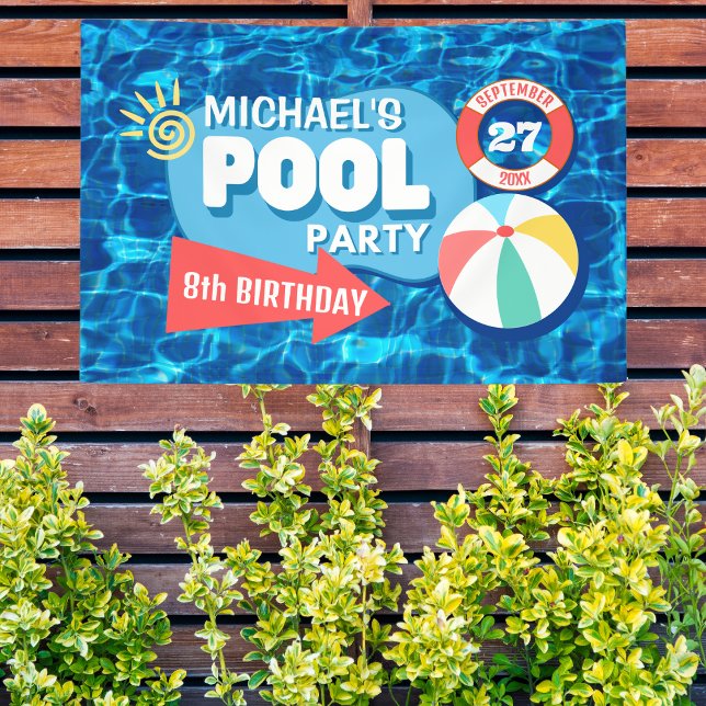 Summer Swimming Pool Party Tropical Birthday Blue Banner (Von Creator hochgeladen)