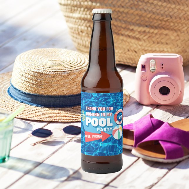 Summer Swimming Pool Party Tropical Birthday Blue Bierflaschenetikett (Von Creator hochgeladen)