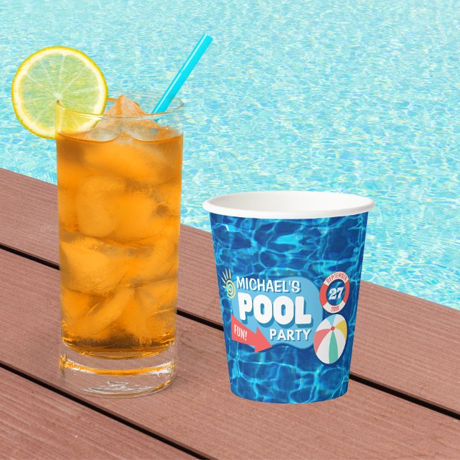 Summer Swimming Pool Party Tropical Birthday Blue Pappbecher (Von Creator hochgeladen)