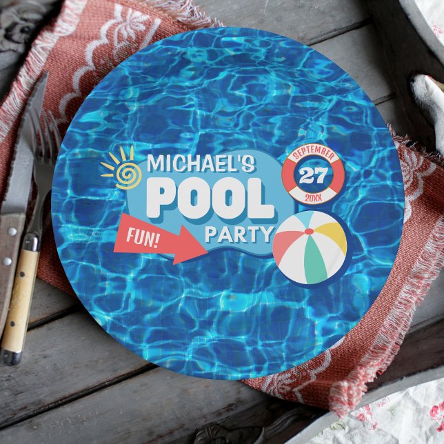 Summer Swimming Pool Party Tropical Birthday Blue Pappteller (Von Creator hochgeladen)