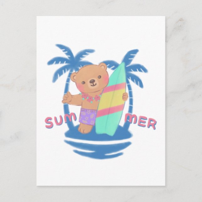 Summer Teddy Bear Surfer in Hawaii Postkarte (Vorderseite)