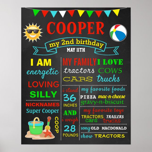 Summer Time First 1st 2nd Birthday chalkboard sign Poster (Vorne)