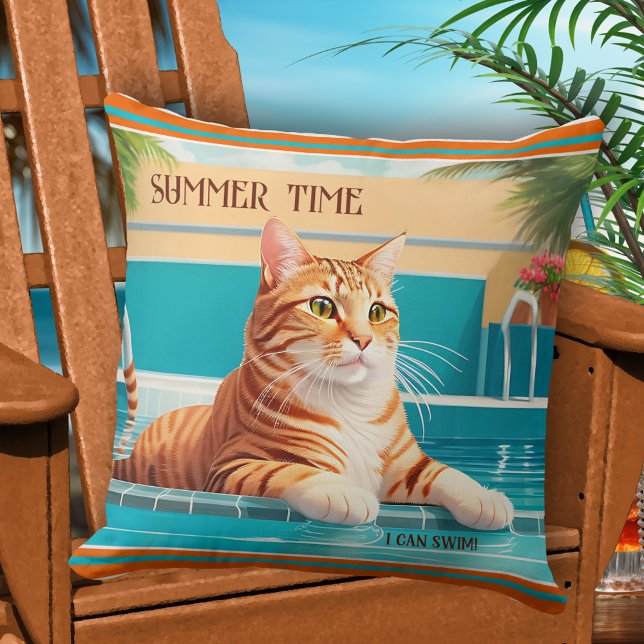 Summer Time Funny Ginger Chat Pool Kissen (Pillow featuring an illustration of a funny ginger cat in a swimming pool - happy summer pillow)