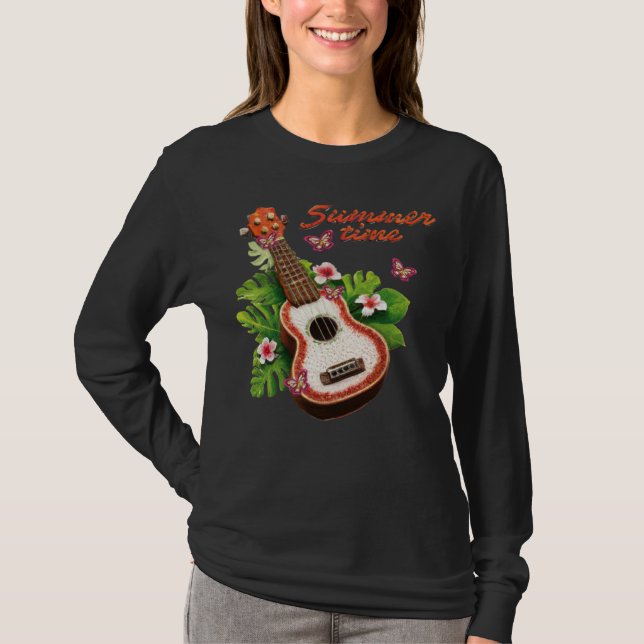 Summer Time Hawaii Ukulele Lute Flowers T-Shirt (Vorderseite)