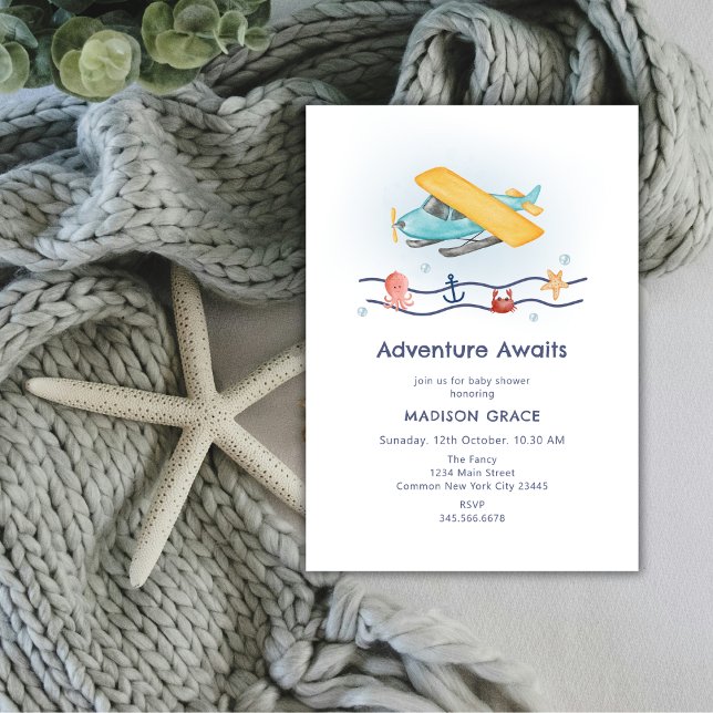 Summer Travel Adventure Sea Airplane Babydusche Einladung (Summer Travel Adventure Sea Airplane Baby Shower Invitation)