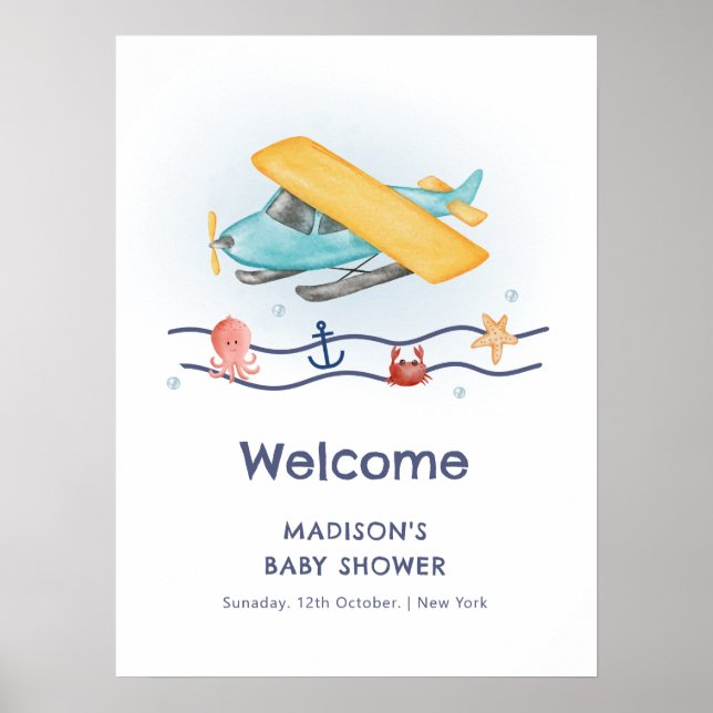 Summer Travel Sea Airplane Baby Shower Welcome Poster (Vorne)
