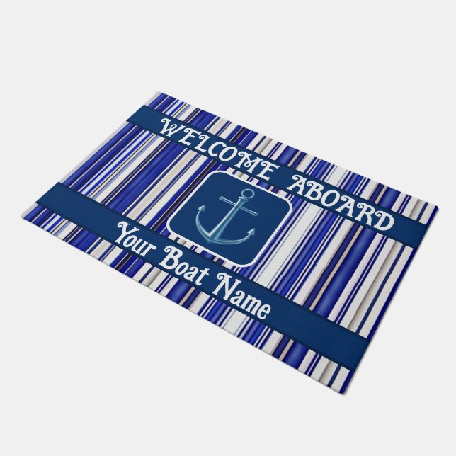 Summer trendy Navy Blue Boat Stripes Collection Fußmatte (Schrägansicht)