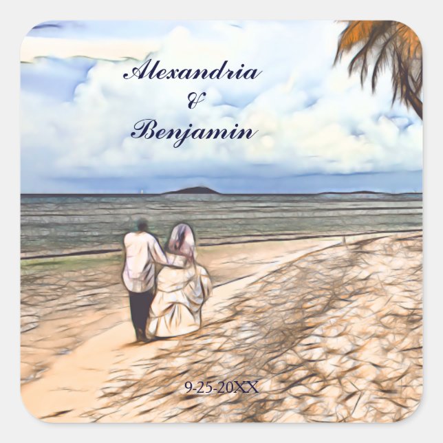 Summer Tropical Beach Bride Groom Wedding Custom Quadratischer Aufkleber (Vorderseite)