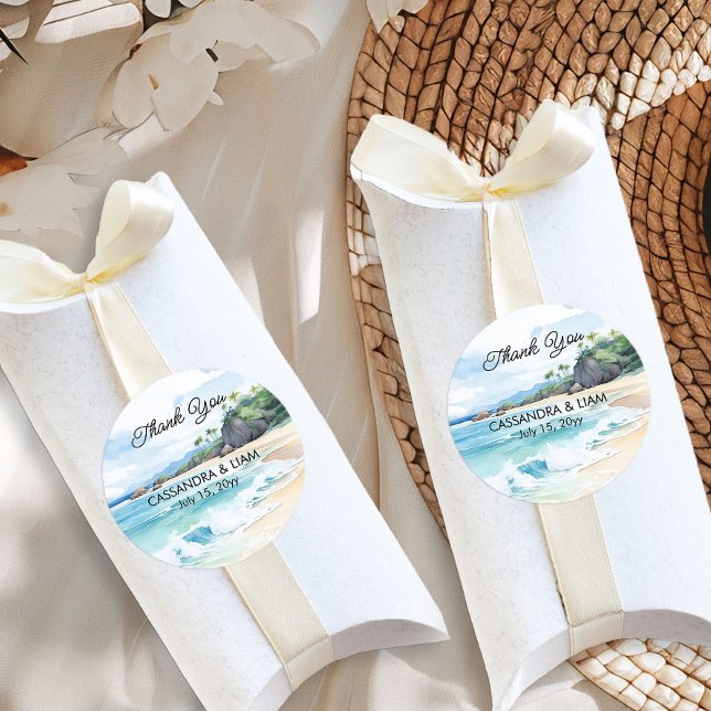 Summer Tropical Beach Hochzeit Danke, dass Sie daf Runder Aufkleber (Wedding Favor stickers from the Summer Beach Wedding Collection by Darling & May)
