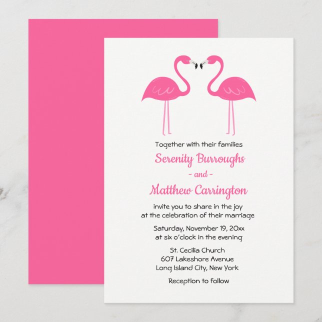 Summer Tropical Beach Pink Flamingo Wedding Einladung (Vorne/Hinten)