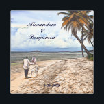 Summer Tropical Beach Wedding Wasserfarbe Custom Magnet<br><div class="desc">Summer Tropical Beach Wedding Watercolor Magnete hat ein schönes Ehepaar,  das einen romantischen Spaziergang am Strand mit Palmen,  blauem Meerwasser und Himmel genießt. Fotografie des Ehepaares unter dem Copyright Denise Bennerson,  Fotograf am wunderschönen Strand von St. Croix,  Jungfrau Islands.</div>