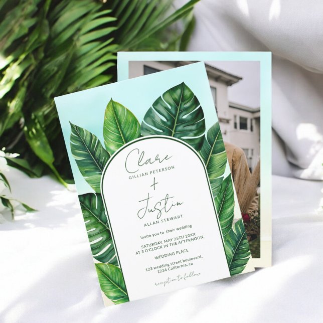 Summer Tropical Greenerenerity Beach Hochzeitsfest Einladung (Summer Tropical Greenery Beach Wedding Photo Invitation)