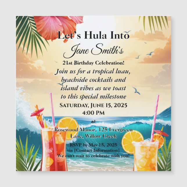 Summer Tropical Luau Beach Party 21. Geburtstag Magnetkarte (Vorderseite)