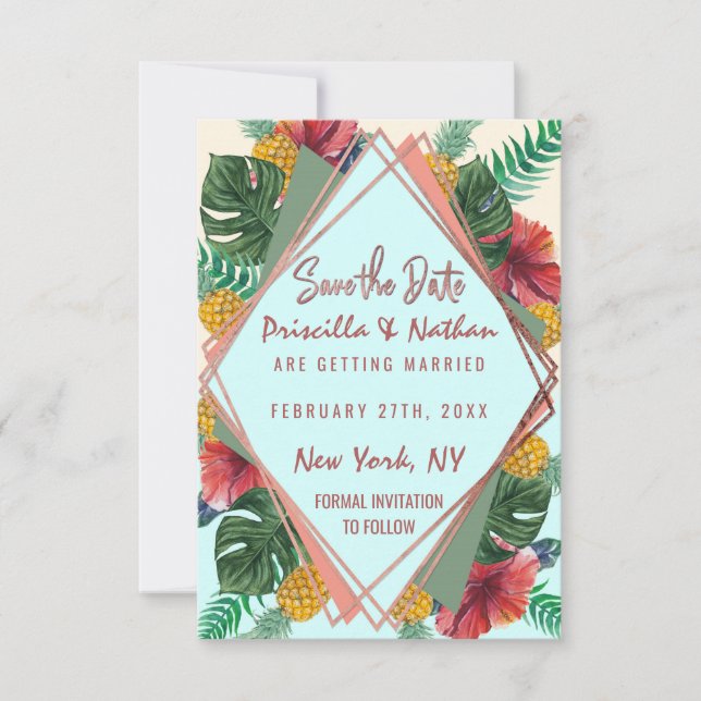 Summer Tropical Pineapa Blätter Blumendatum Gerett Save The Date (Vorderseite)