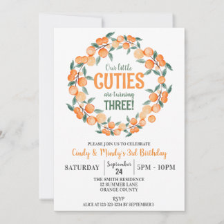 Summer Twin Girls Geburtstag, Orangen, 3. Geburtst Einladung