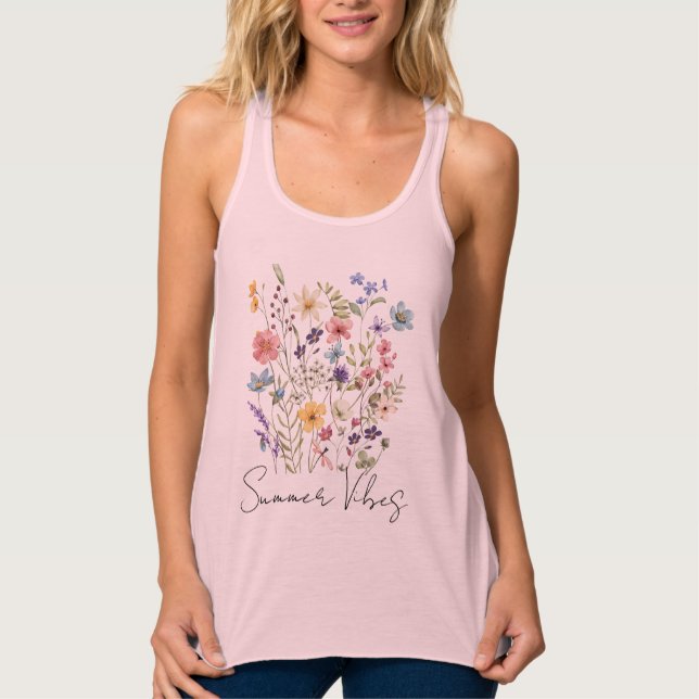 "Summer Vibes" Aquarellfarben Wildblume Pink Women Tank Top (Vorderseite)