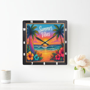 Summer Vibes Beach Surf Quadratische Wanduhr