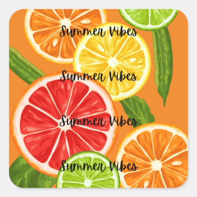 Summer Vibes Citrus Design, farbenfrohe Frucht Gra Quadratischer Aufkleber (Vorderseite)