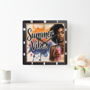 Summer Vibes Cool Drink Quadratische Wanduhr