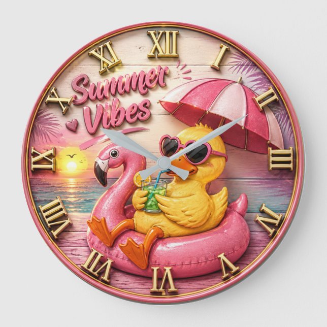 Summer Vibes Duck Cute Flamingo Pool Float Beach Große Wanduhr (Vorderseite)