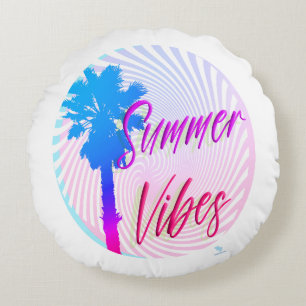Summer Vibes Neon Palm Tree Beach Lifestyle Rundes Kissen