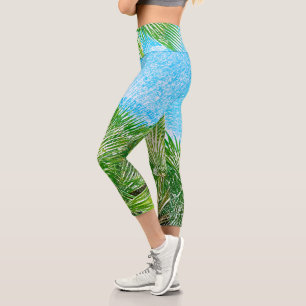 Summer Vibes Palm Tree Blätter Blassgrün Capri Leggings
