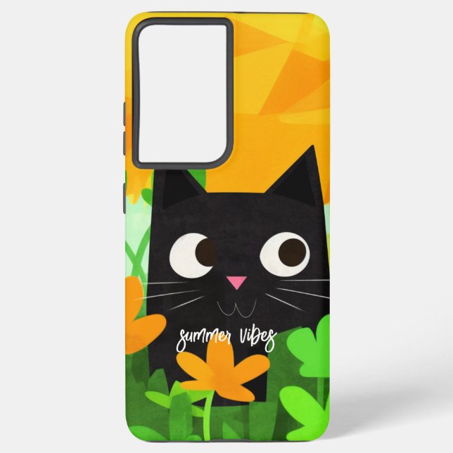 Summer Vibes Personalisiert Floral Black Cat Samsung Galaxy Hülle (Rückseite)