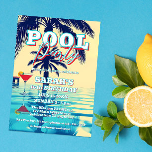 Summer Vibes Pool Party mit Palmen Trees & Cocktai Einladung