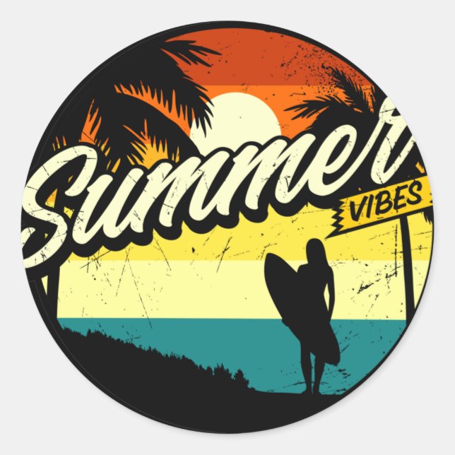 Summer Vibes Retro Silhouette Runder Aufkleber (Vorderseite)