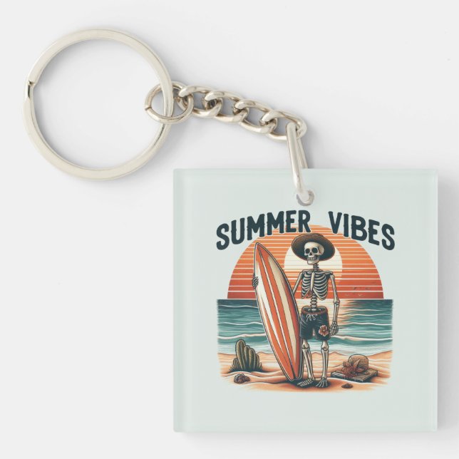 Summer Vibes Skeleton Surfer Sunset Beach Design Schlüsselanhänger (Vorderseite)