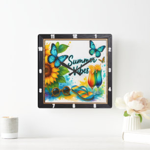 Summer Vibes Sunflower Beach Quadratische Wanduhr