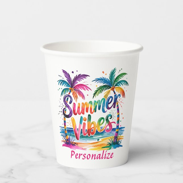 Summer Vibes Tropical Palm Tree Ozean farbenfroh Pappbecher (Rückseite)