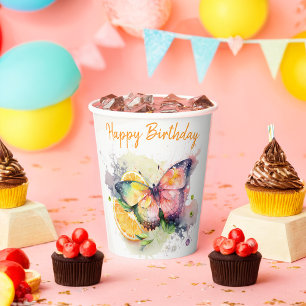 Summer Vibes Watercolor Butterfly - Happy Birthday Pappbecher