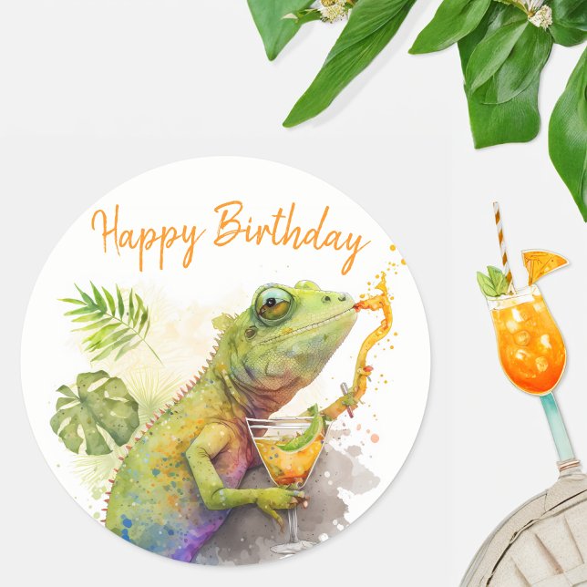 Summer Vibes Watercolor Chameleon - Happy Birthday Runder Aufkleber (Von Creator hochgeladen)