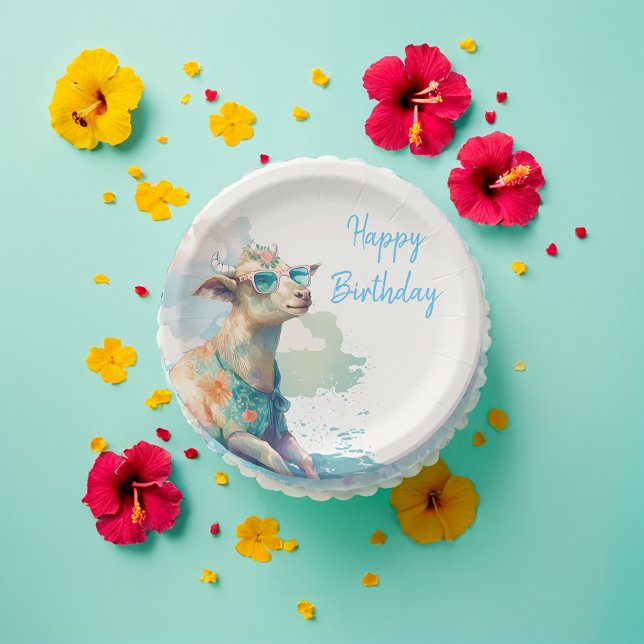 Summer Vibes Watercolor Goat - Happy Birthday Pappteller (Von Creator hochgeladen)