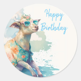 Summer Vibes Watercolor Goat - Happy Birthday Runder Aufkleber