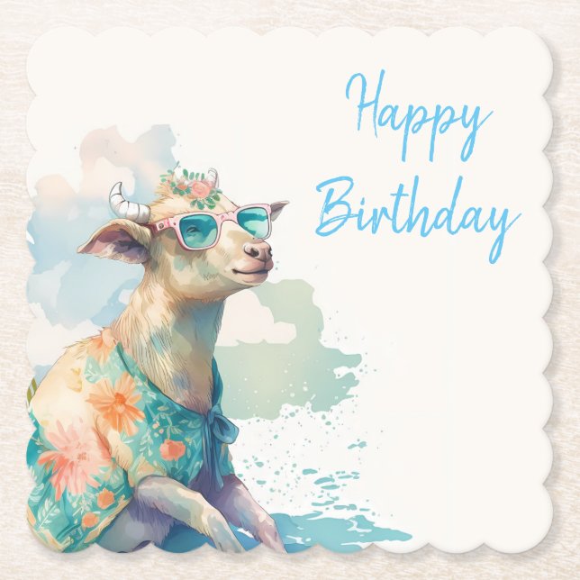 Summer Vibes Watercolor Goat - Happy Birthday Untersetzer (Vorderseite)