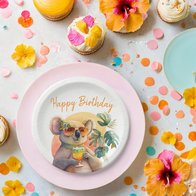 Summer Vibes Watercolor Koala - Happy Birthday Pappteller (Von Creator hochgeladen)
