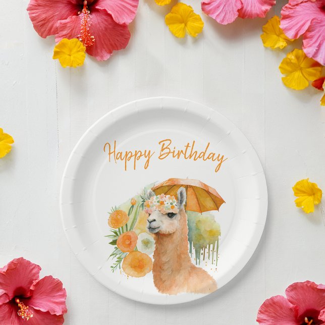 Summer Vibes Watercolor Llama - Happy Birthday Pappteller (Von Creator hochgeladen)