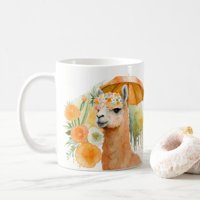 Summer Vibes Watercolor Llama und Blume - Kaffeetasse (Mit Donut)