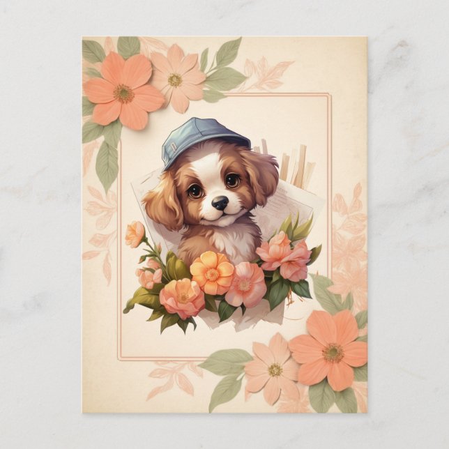 Summer Wassercolor Puppy - Blumenrahmen - Postkarte (Vorderseite)