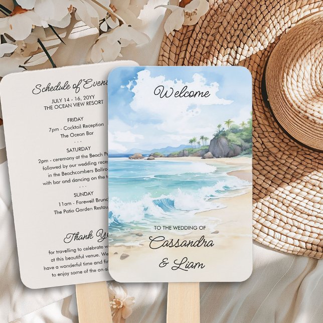Summer Watercolor Beach Hochzeit Willkommensreise Fächer (Wedding Program Hand Fans from the Summer Beach Wedding Collection by Darling & May)