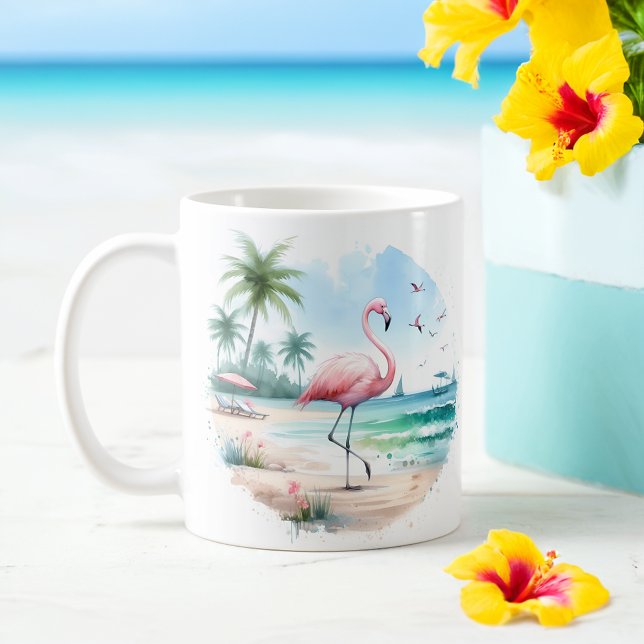 Summer Watercolor Flamingo am Strand Kaffeetasse (Von Creator hochgeladen)