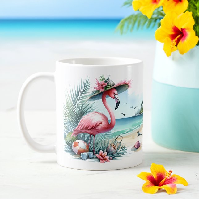 Summer Watercolor Flamingo am Strand Kaffeetasse (Von Creator hochgeladen)
