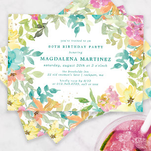 Summer Watercolor Floral 80. Geburtstagsparty Einladung